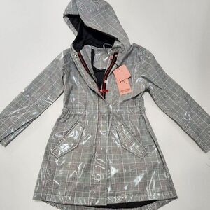 NEW Urban Republic - Size L (6X) - Girls Gray Plaid Zip Button Hooded Raincoat